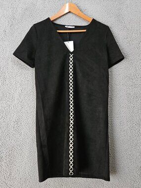 Zara Black Mini Dress M Medium Shift Faux Suede Short Sleeve V-Neck Minimalist